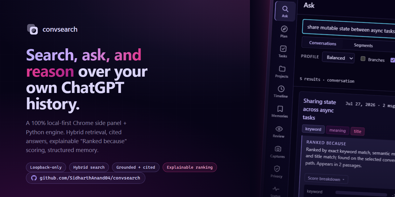 convsearch side panel beside the message: Search, ask, and reason over your own ChatGPT history.