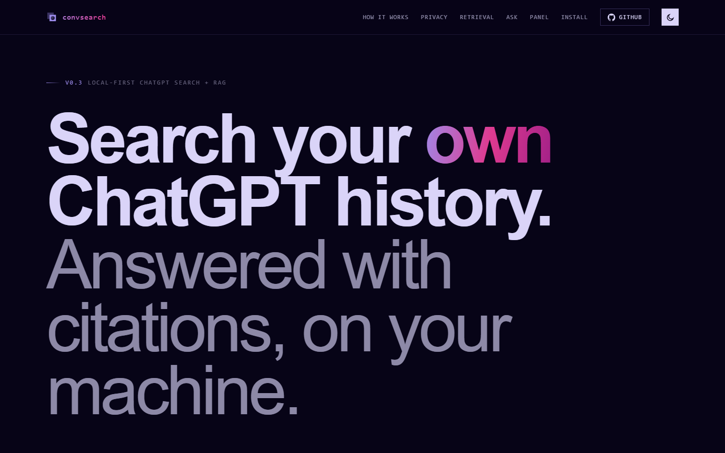 convsearch landing page rendered in dark theme.