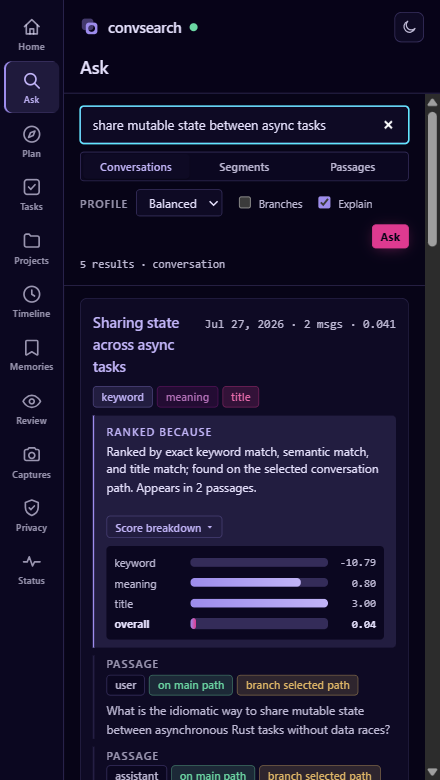 convsearch side panel in dark theme: search box, level switcher, a ranked result with its 'Ranked because' reason and score bars.