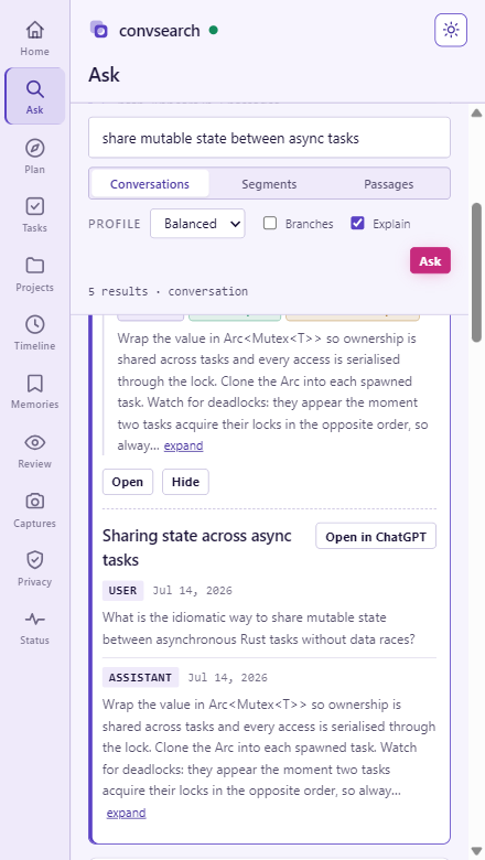convsearch side panel in light theme, showing the same ranked-result layout on a light lavender background.