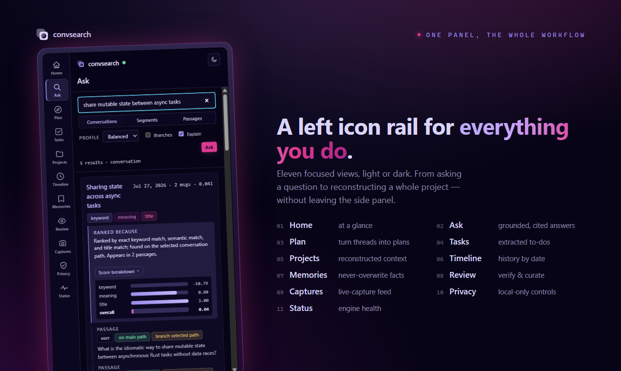 convsearch Chrome side panel tour highlighting the left icon rail for search, plans, tasks, projects, timeline, memories, privacy, and status.